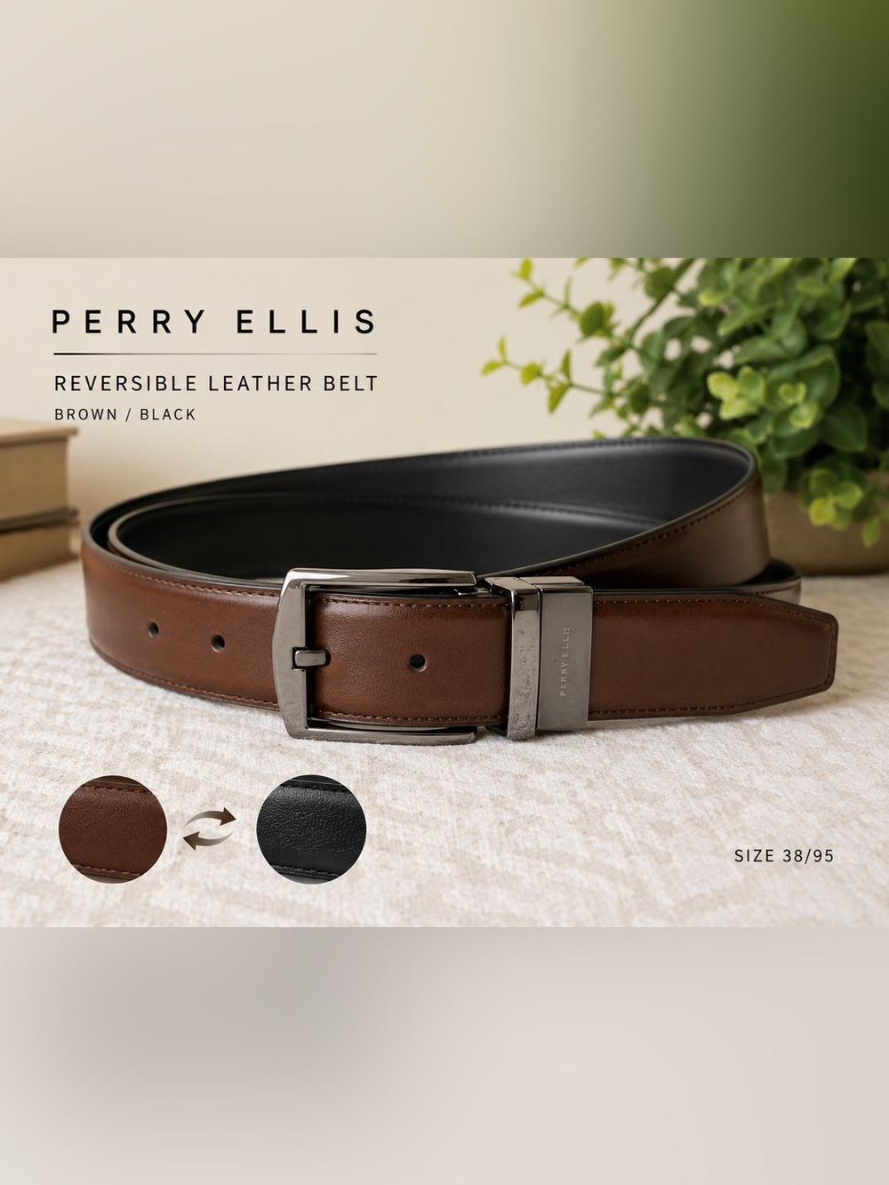 Perry Ellis Reversible Brown Black Bonded Leather Belt 38/95
